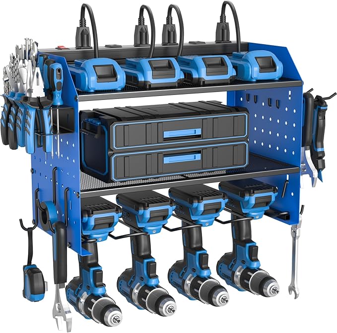 ZESEN Power Tool Organizer with Charging Station, Heavy Duty 4 Layer Drill Holder Wall Mount Garage Shelf Rack with 6 Outlet 