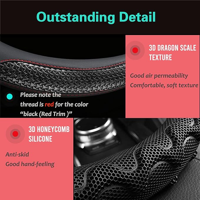 PINCTROT Steering Wheel Cover Great Grip with 3D Honeycomb Anti-Slip Design, Universal 14.5-15 Inch (Black/Red Stitch)