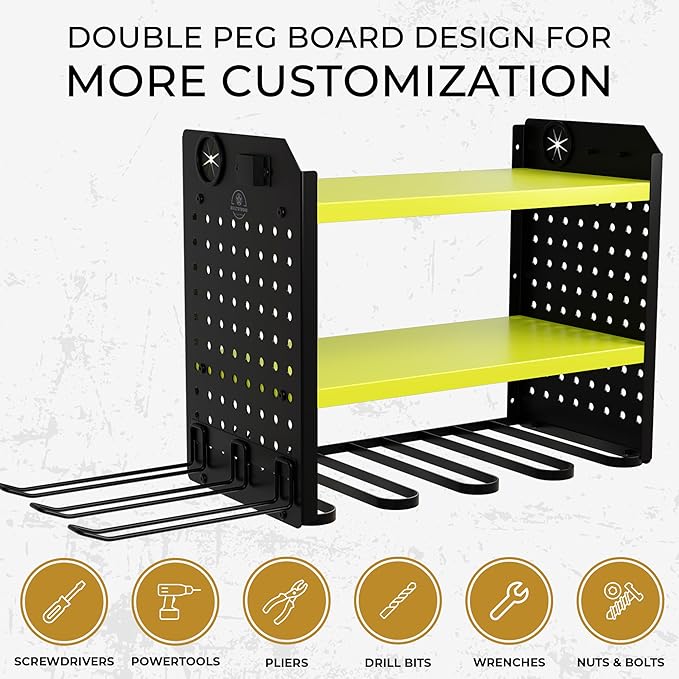 BUILTSTRONG Power Tool Organizer - 6 Drill Holder Wall Mount, 3-Tier Heavy-Duty Hand Tool Storage Rack With 2 Pegboard Sides 