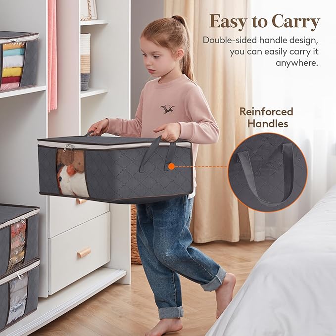 Lifewit 3 Pack 35L Clothes Storage Bins with Lids, Foldable Blanket Storage Bags with Zippers, Clear Window and Reinforced Ha
