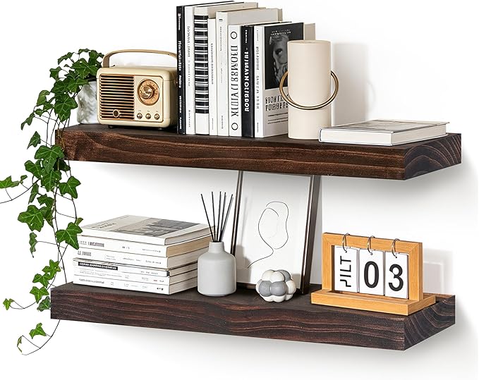 Floating Wall Shelves 24x6.8x1.7 Inch – Solid Wood Rustic Shelves in Walnut Finish – Wall Mounted Display Shelf for Bathroom,