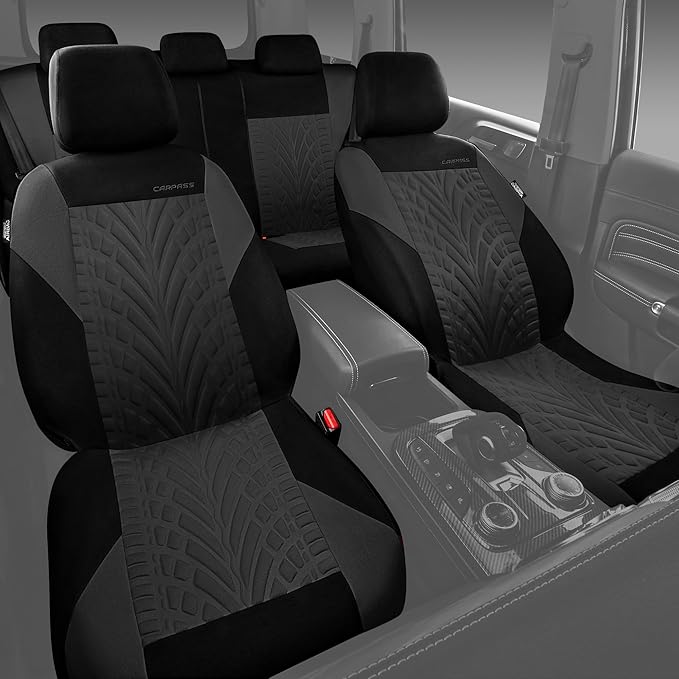 CAR PASS Car Seat Covers Full Sets, Front & Split Rear Bench for Car, 3D Tyre Embossed Automotive Interior Covers, Airbag Com