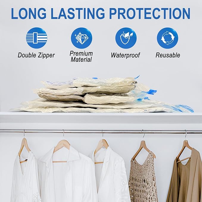 Fygrip Vacuum Storage Bags with Hand Pump, Plastic Packaging Bags, 80% Space Saver Vacuum Seal Bags for Clothing, Travel Lugg