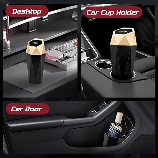 Car Trash Can with Lid, Mini Car Trash Cup with 30 Additional Trash Bags, Car Accessories for Interior, Leakproof Vehicle Garbage Bin for Car, Home, Office - 2 Packs, Gold