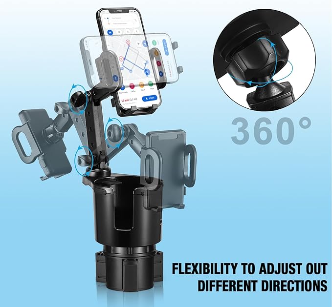 Cup Holder Phone Mount, 2 in 1 Cup Holder Expander for Car Long Arm with 360°Rotation Cup Holder Cell Phone Holder for Car Co