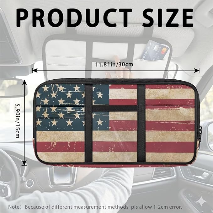 Vintage American Flag Sun Visor Storage Bag Vehicle Visor Storage Pouch Multi-Pocket Car Storage Pouch Holder Fits Most Cars,SUVs,Jeeps,Trucks
