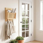 Rattan Mail and Key Holder Wall Mounted, Wood Magazine Mail Sorter Rack Wall Organizer with 2 Slots 3 Hooks for Coat, Dog Lea