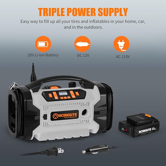 WORKSITE Tire Inflator Air compressor Portable, 160 PSI Car Air Pump with Multi Power Source (110V AC, 12V DC & 20V Battery) for cars, bikes, balls,Gray