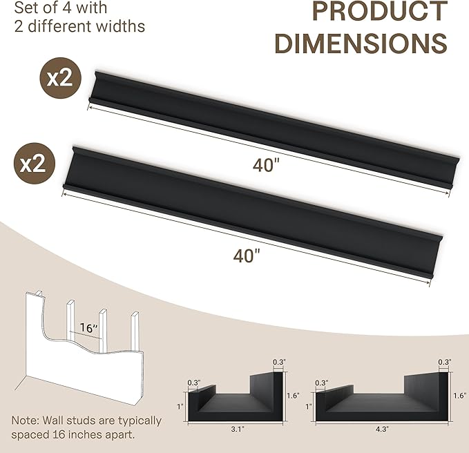 Fun Memories 40 Inch Floating Shelves for Wall - Wall Shelves with Lip Set of 4 - Nursery Bookshelf for Storage - Picture Led