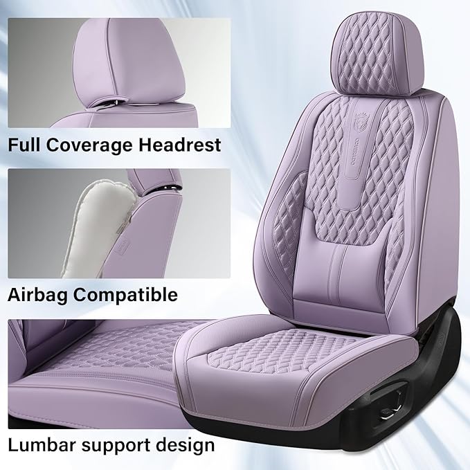 Coverado Seat Covers Full Set, Purple Car Seat Covers, Waterproof Car Seat Cover with Lumbar Support, Leather Car Seat Cushio