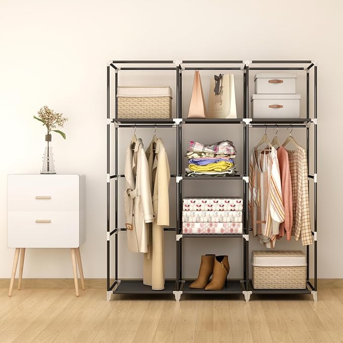 MOGELAFOO Portable Closet Wardrobe, 51-Inch Clothes Organizer with 2 Hanging Rods and 8 Shelves, Non-Woven Fabric Cover, Medi