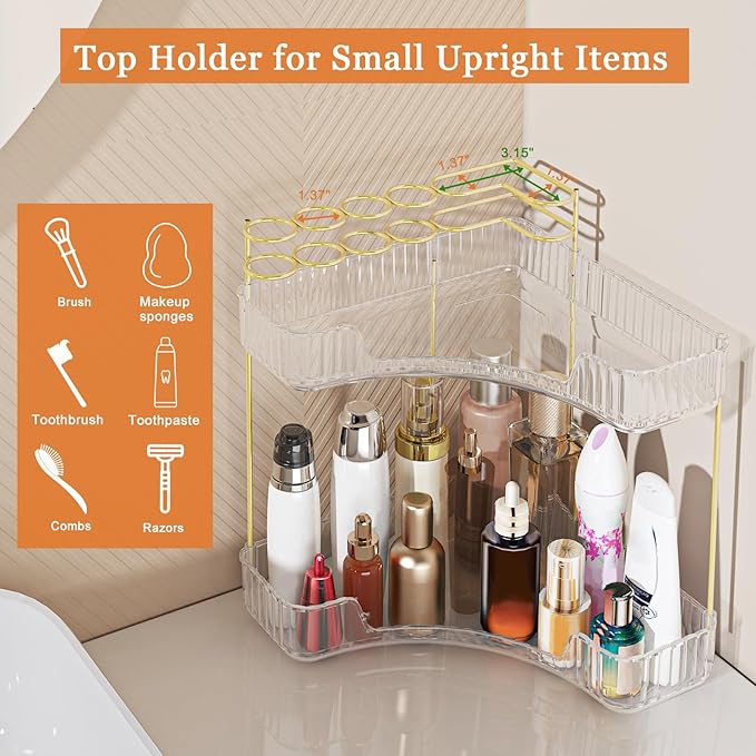 Webetop Corner Makeup Organizer for Vanity, 2 Tier Bathroom Cosmetics Organizer Countertop with Make up Brush Holder Corner C