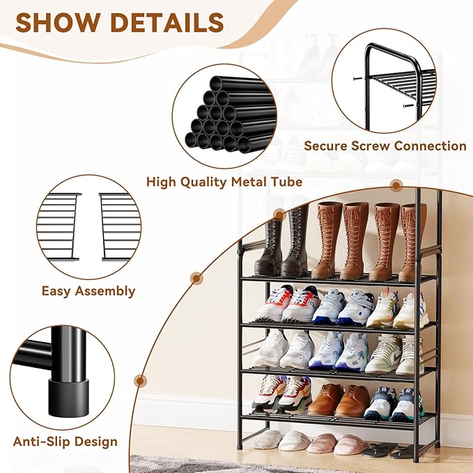 Shoe Rack 4 Tier, Closet Metal Shoe Organizer Shelf for Entryway Heavy Duty, Stackable, Black