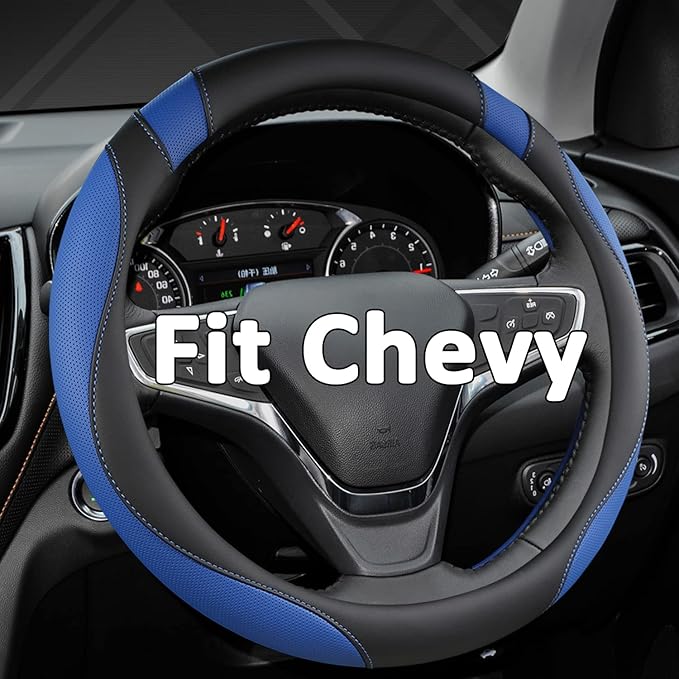 West Llama Customized Auto Car Steering Wheel Cover for Chevy 14.5-15 inches, Steering Wheel Cover for Chevrolet (Black+Blue 