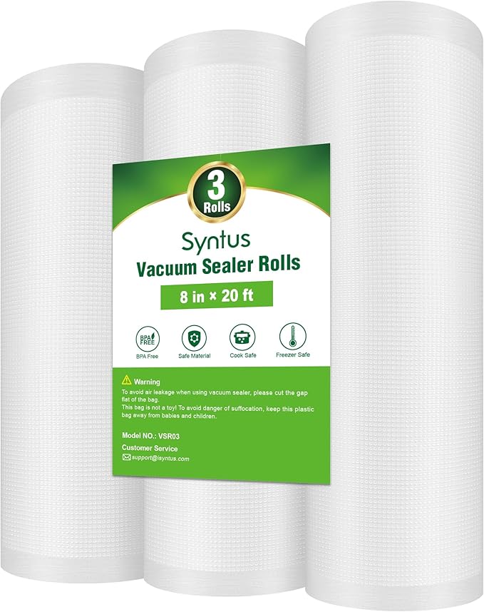 Syntus Vacuum Sealer Bags for Food, 3 Rolls 8" x 20' Commercial Grade Bag Rolls, BPA Free Food Vac Bags for Storage, Meal Pre