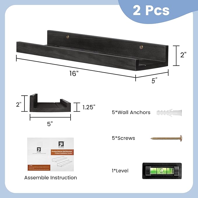 Picture Ledge Shelf for Wall, 16 inch Solid Pine Wood Nursery Book Shelves 2 Packs, Floating Ledge Shelves for Kids' Room Bed
