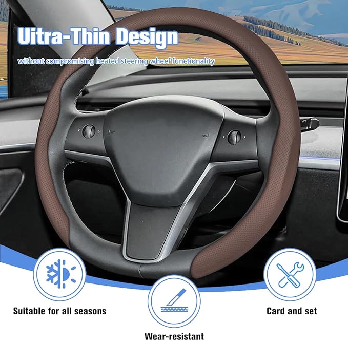 Car Nappa Leather Steering Wheel Cover, 15" Fashionable 5D Anti-Slip Vehicle Steering Wheel Protector, Breathable Auto Interi