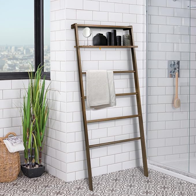 Space Saving 100% Solid Wood 6-Tier Blanket Ladder with Two Storage Shelves - Walnut