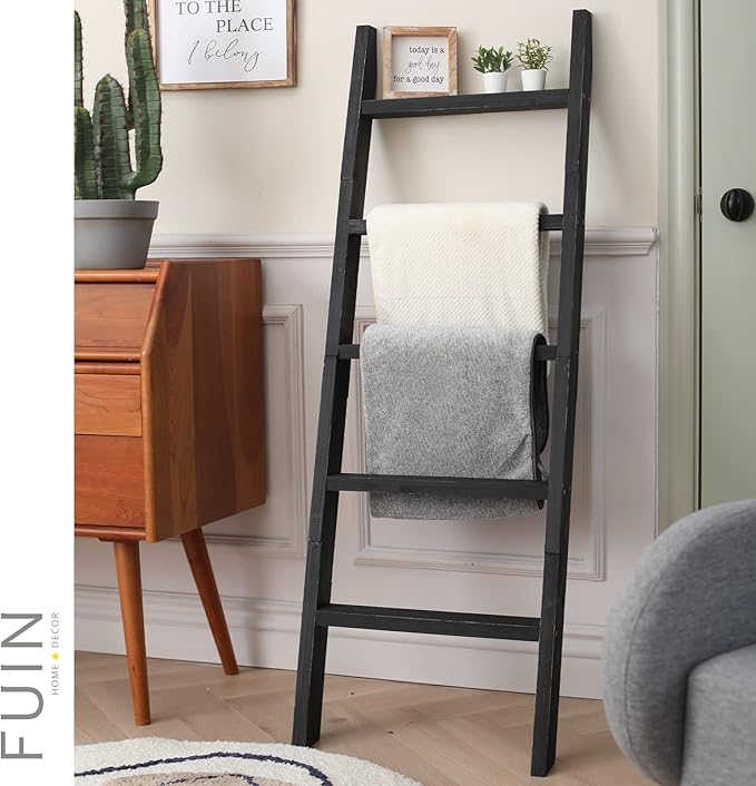FUIN 5ft (58") Wood Blanket Ladder Living Room Decorative Wall Leaning Farmhouse Quilt Display Holder Shelf Rustic Wooden Tow