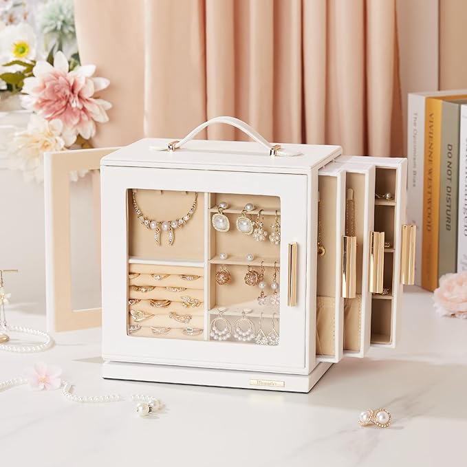 Homde Jewelry Box 360° Rotating, Necklace Earring Organizer with Transparent Window, Mirror, 7 Drawers, Large Ring Display St