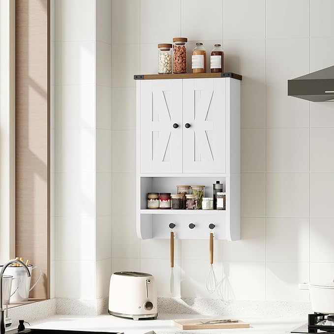 MAHANCRIS Bathroom Wall Cabinet, Farmhouse Medicine Cabinet with Adjustable Shelf, 3-Tier Wall-Mounted Storage Cabinet with 3