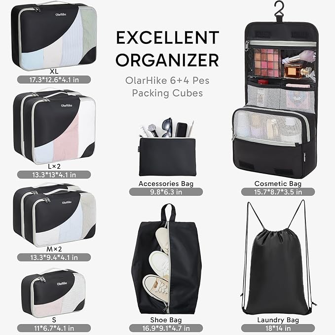 ALL INCLUDED 10 Set Durable Packing Cubes for Suitcases,OlarHike Essentials for Travel,UPGRADED Anti-Tear Stitching, NEW Impr