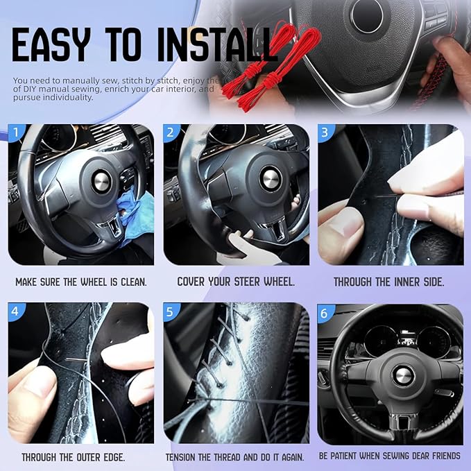 DEEYOTA Car Steering Wheel Cover Universal Fit Round Stitch Steering Wheel Wrap Thin PU Leather Steering Wheel Cover Sewn on 