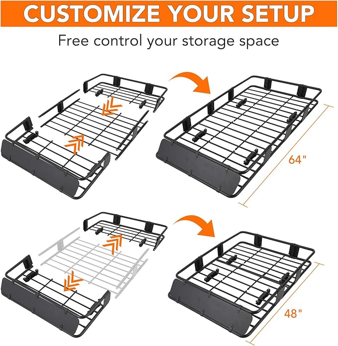 Heavy Duty Roof Rack Basket 64" x 39" - Adjustable Rooftop Cargo Carrier for SUV/Truck/Van w/Waterproof Bag, 200LB Capacity Universal Steel Roof Basket
