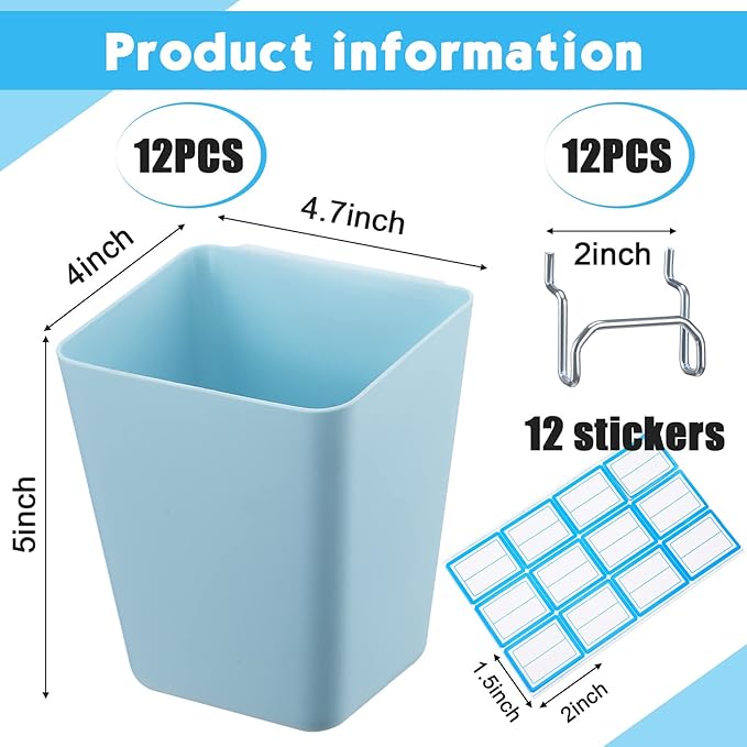 Namalu 12 Pack Peg Board Storage Bins with Labels and Hooks Square Box Shape Pegboard Cup Holder Accessories Pegboard Organiz