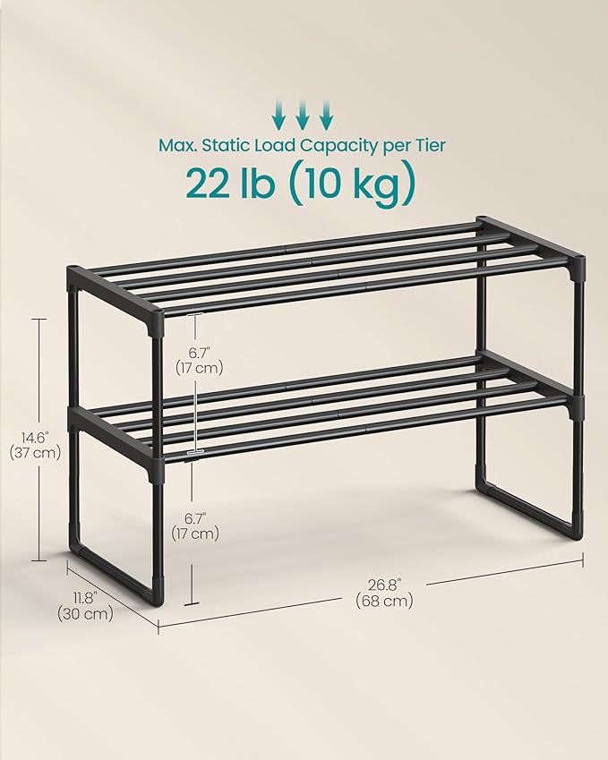 SONGMICS Shoe Rack, 2-Tier Shoe Organizer, Metal Storage Shelf, Upright or Upside Down, for 6-9 Pairs, Stackable, for Entrywa