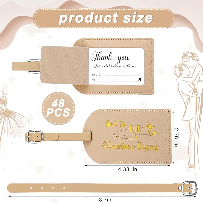 Sweetude 48 Sets Leather Luggage Tag Bulk and So The Adventure Begins Luggage Tags with Name Card for Wedding Bridal Shower B