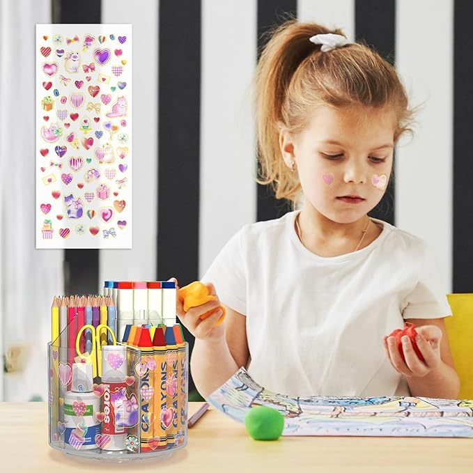 Wawocs Acrylic Pencil Organizer for Desk 4 Compartments with Adhesive DIY Sticker, Rotating Art Supply Organizer with Kawaii 