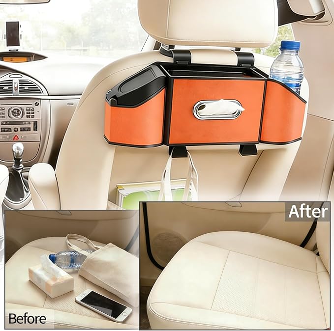 7-in-1 Car Seat Back Organizer, Headrest Storage with Cup Holder, Tissue Box & Trash Can, Fits Most Cars SUVs Trucks - Designed for USA Roads (Orange)