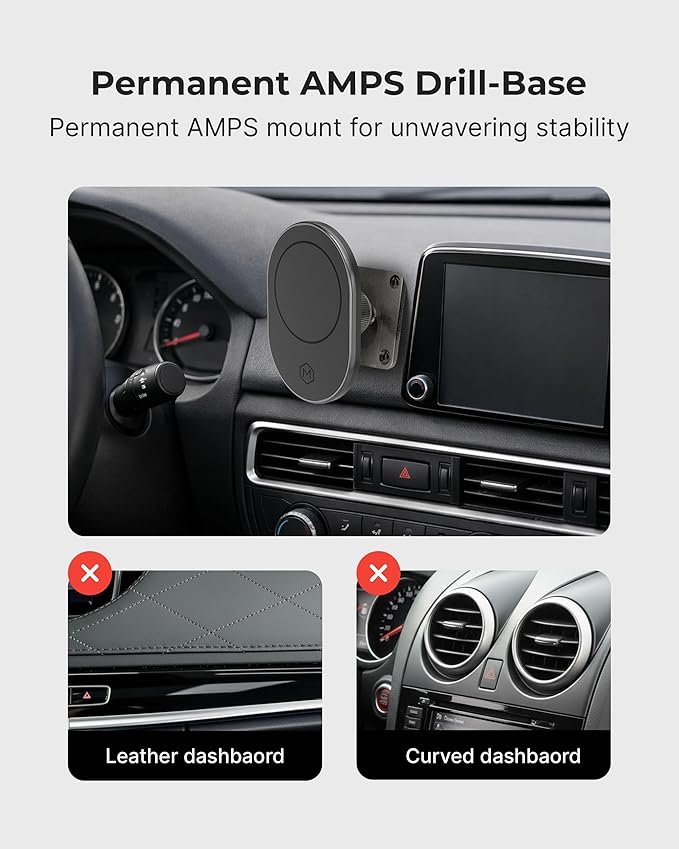 Magsafe Magnetic Car Cell Phone Holder with AMPS Mounting Plate - Fast Charging Phone Stand Compatible with MagSafe, iPhone, Samsung (Drill Base AMPS Plate)