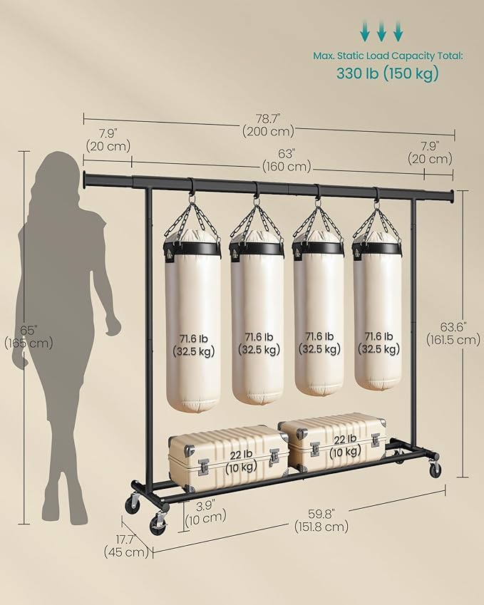 SONGMICS Clothes Rack with Wheels, Heavy-Duty Clothing Rack for Hanging Clothes, Portable, 17.7 x (63-78.7) x 63.6 Inches, wi