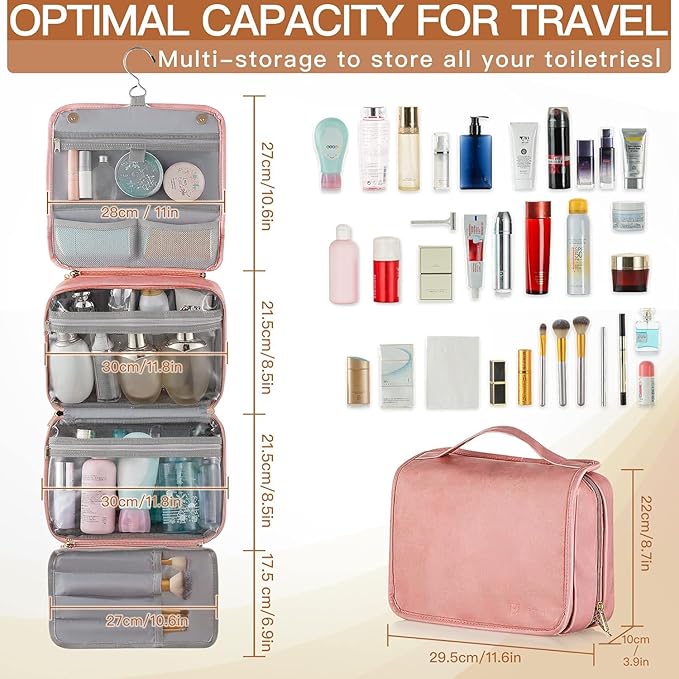 Elviros Hanging Travel Toiletry Bag for Women, 3-in-1 Large Makeup Bag and Cosmetic Organizer, Vegan Leather Waterproof Skinc