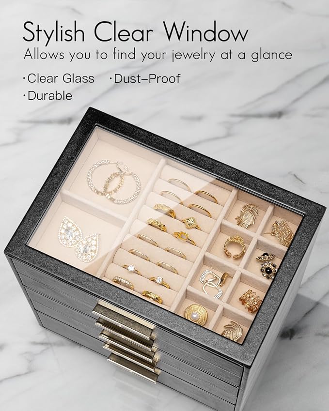 Vlando 5 Layer Jewelry Box for Women, Glass Lid Jewelry Organizer with 5 Drawers for Necklaces Rings Earrings Bracelets - Bla