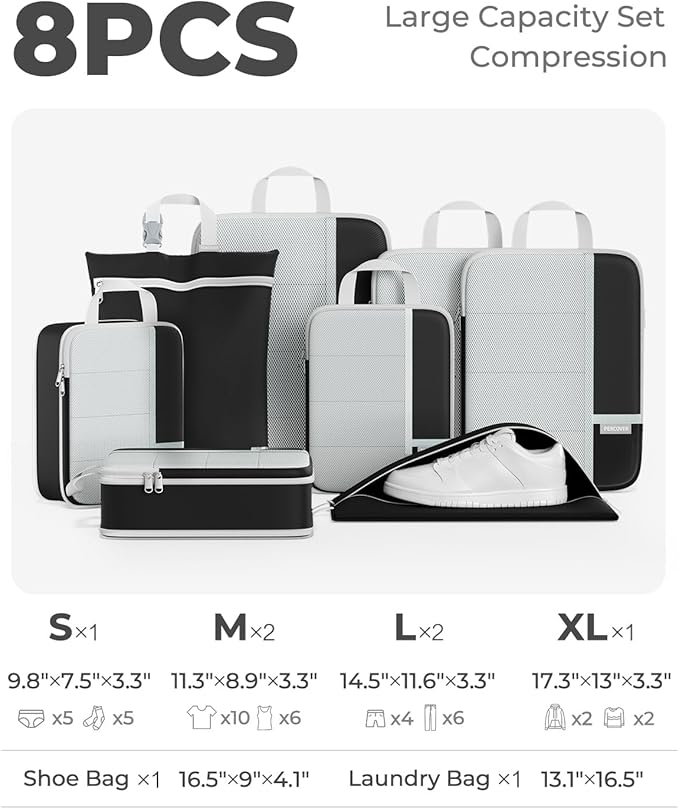Percover Compression Packing Cubes 8-Piece Set, Packing Cubes Compression for Travel with Laundry Bag & Shoe Bag, Travel Orga