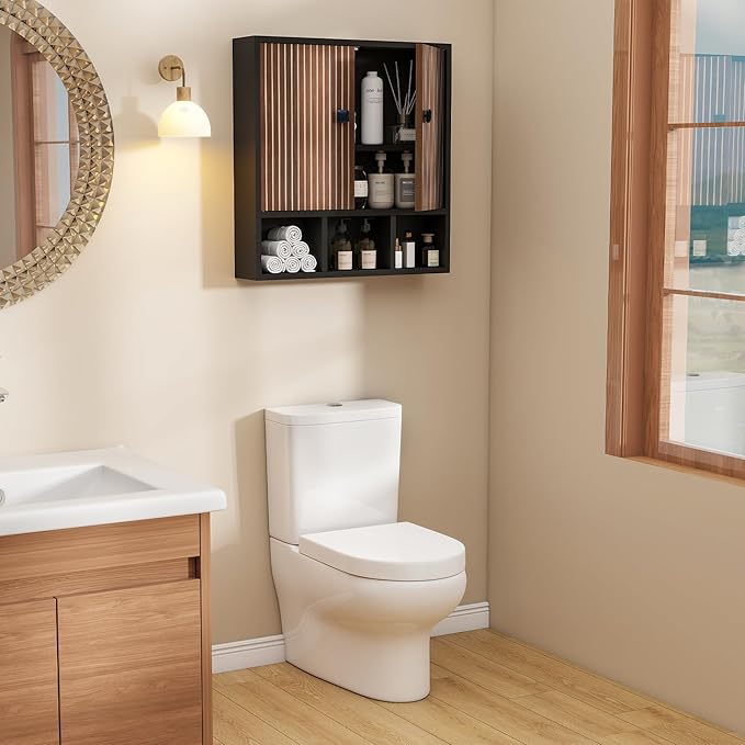 Bathroom Wall Cabinet,Wooden Medicine Cabinet with Fluted Doors Over The Toilet Storage Cabinet with Adjustable Shelf for Bat