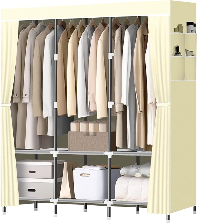 LOKEME Wardrobe Closet,Portable Closet for Bedroom Steel Pipe Diameter 19mm Strong and Sturdy Off White Portable Closets for 