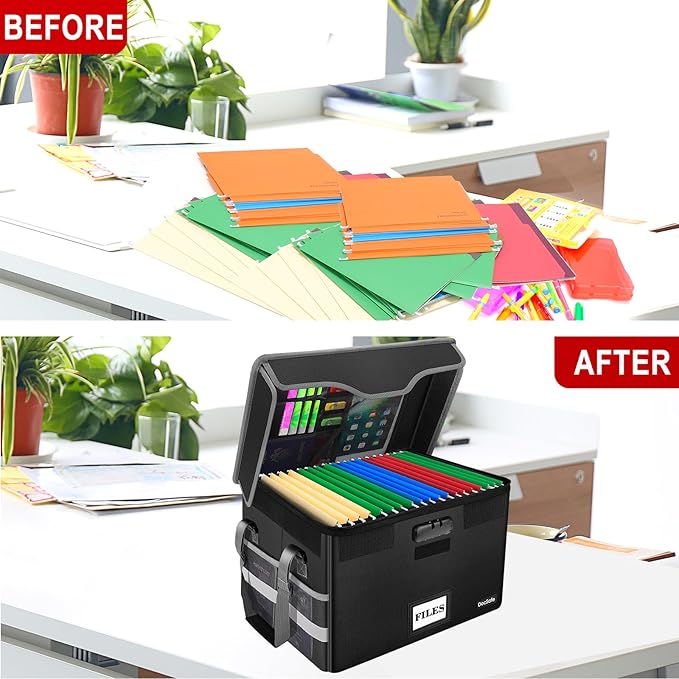 DocSafe Fireproof Document Box with Lock, File Storage Organizer with Mesh Pockets, Collapsible Portable File Box Home Office