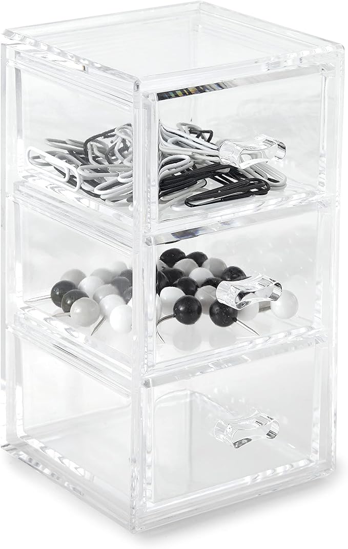 Huang Acrylic Clear Stackable Upright 3-Drawer Organizer, Makeup Jewelry Accessories Cosmetic Countertop Storage Display 3.5 