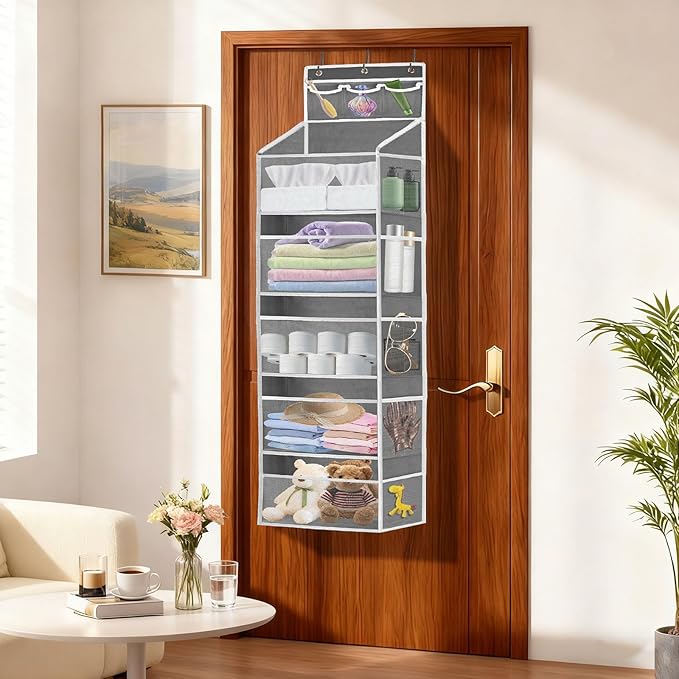 Over the Door Organizer with 5 Large Pockets, 5+3 Tiers Shelf Hanging Door Organizer, Adjustable Hanging Closet Organizer wit