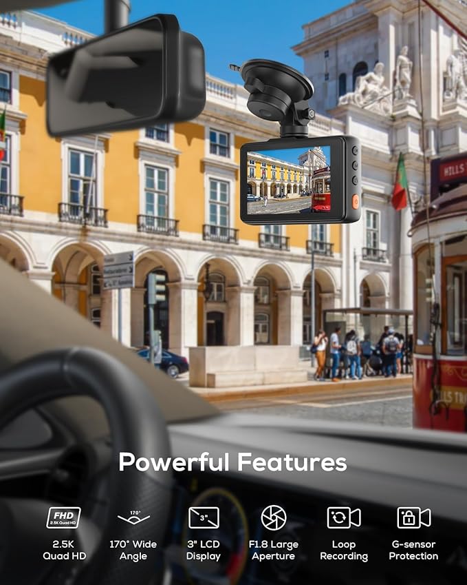 iZEEKER 2.5K Dash Cam, 1440P QHD Car Camera with Free 32GB Card, 3" IPS Display, Night Vision, WDR, 170°Wide Angle, Loop Reco