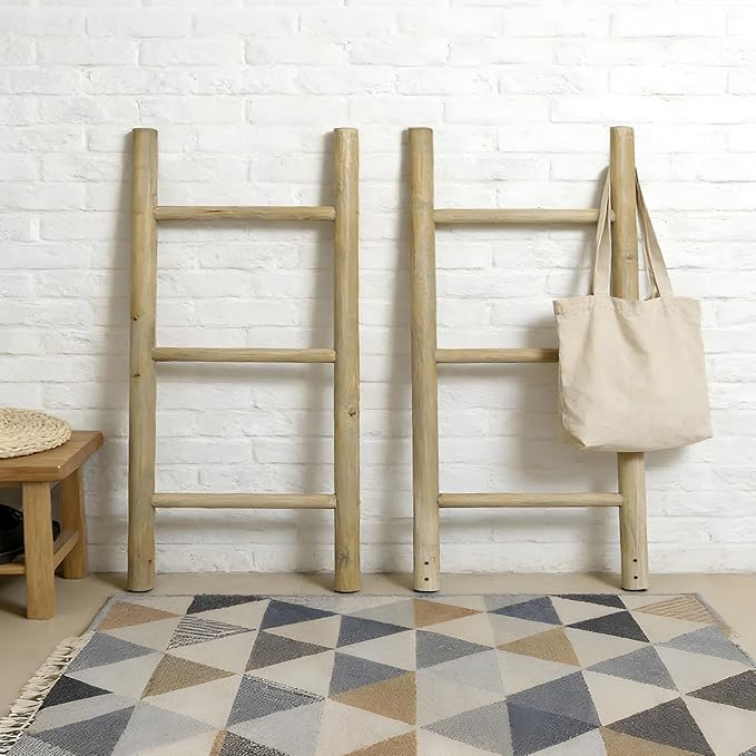 Wooden Blanket Ladder - 76in Natural & Motley Wood - Leaning Wall Decor for Bedroom, Bathroom, Living Room - Rustic Quilt Hol