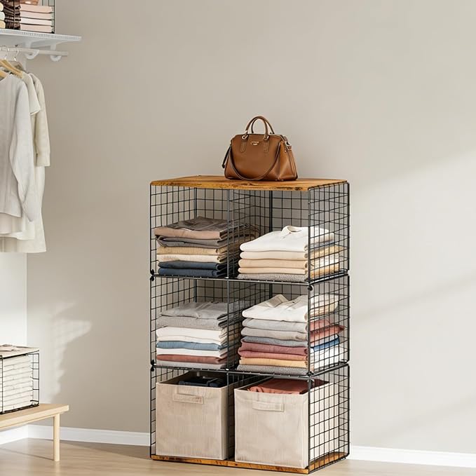 Wire Cube Closet Organizer and Storage Shelf with Extra Woodtop, 11.8“ Sturdy 6 Cube Storage Organizer Shelf, Modular Cubby S
