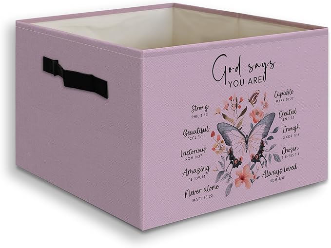 Purple Christian Foldable Basket Storage Bins Box with Handles, God Says You Are Bible Verse Butterfly Collapsible Organizer 