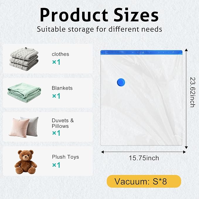 8 Pack Small Travel Vacuum Storage Bags, Portable Vacuum Seal Bags for Clothing Travel with Pump, Space Saver Bag for Luggage