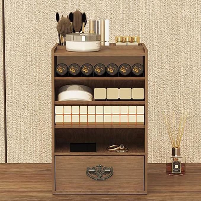 Makeup Organiser Storage Wood Makeup Organizer Box, Lipsticks Holder Rack, with Drawer and Tabletop for Storing Palettes, Bru