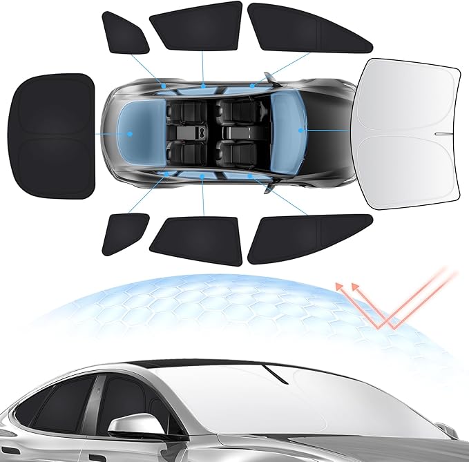 8PCS Windshield Sun Shade Kit for 2021-2026 Tesla Model S Plaid(Not fit Model S) Full Privacy Side Rear Window Shade Cover Foldable Sun Visor Protector Blocks UV&Heat